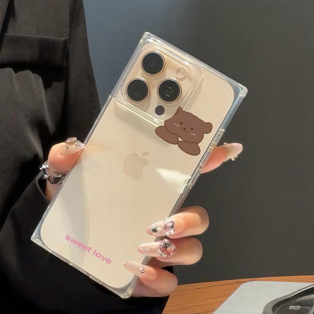 Clear Square Back Tube Case Protection For iPhone 14 Pro Max 11 13 15 Plus 16 ProMax 12 Anti-Oxygen,Love Teddy Bear Pattern Casing