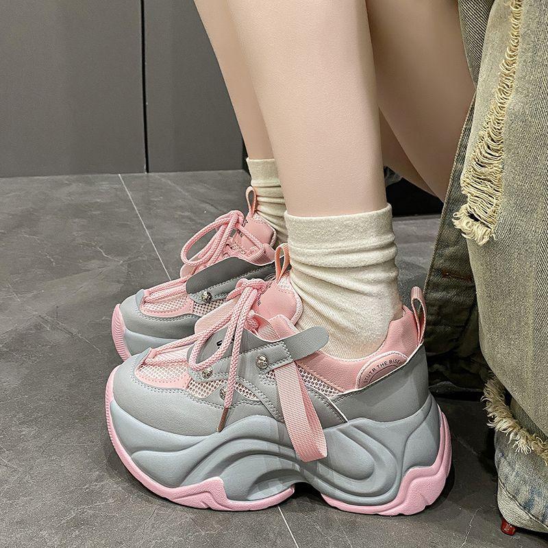 

Модные кроссовки на массивном каблуке, женская спортивная обувь на платформе со шнуровкой, женские кожаные кроссовки на высоком каблуке 7 см с толстой подошвой 34 розовый