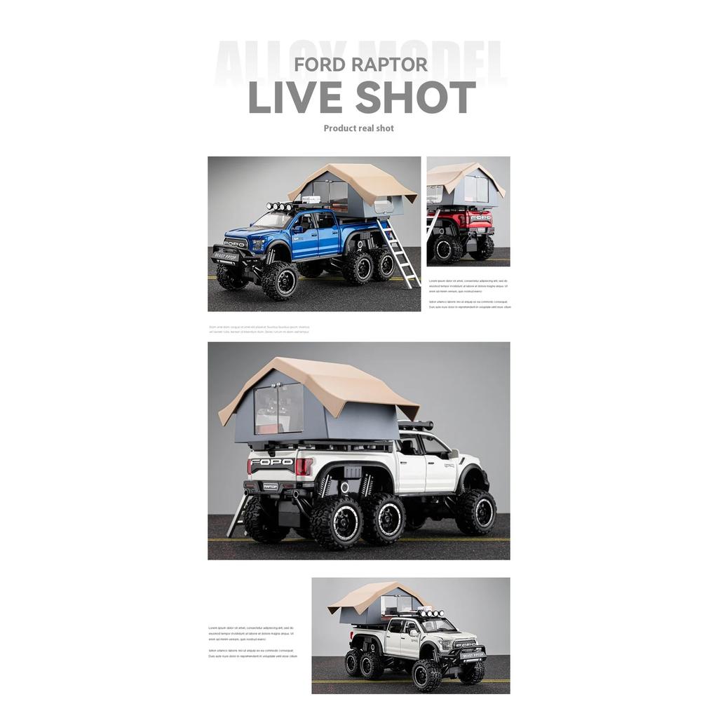 1/24 Scale  Ford F150 Camping RV Alloy Metal Diecast Off Road Pickup Truck Model Car Sound & Light Ornaments Gifts for Kid Boyfriend Present