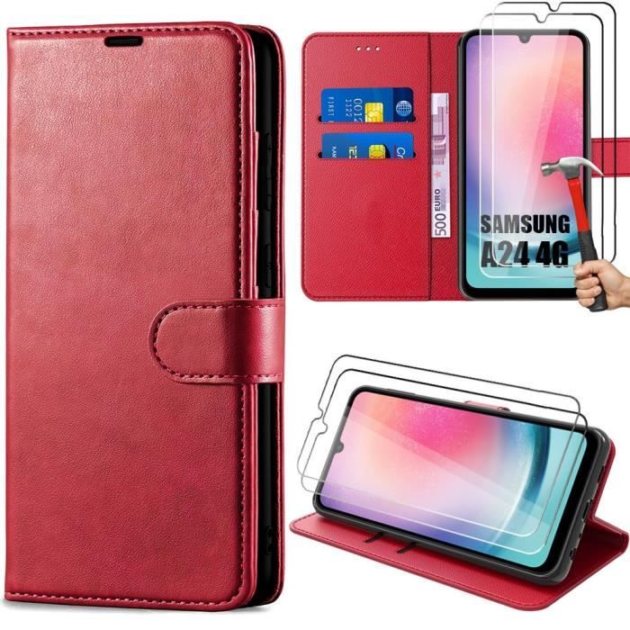 Coque rouge + 2 verres trempés pour samsung galaxy a24 - booling - intégrale anti-rayure synthécuir