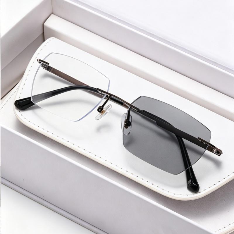 Ultra Light Frameless Photochromic Myopia Glasses Unisex Anti Blue Ray Eyewear Polished Cut Lens for Business Man Daily Wearing