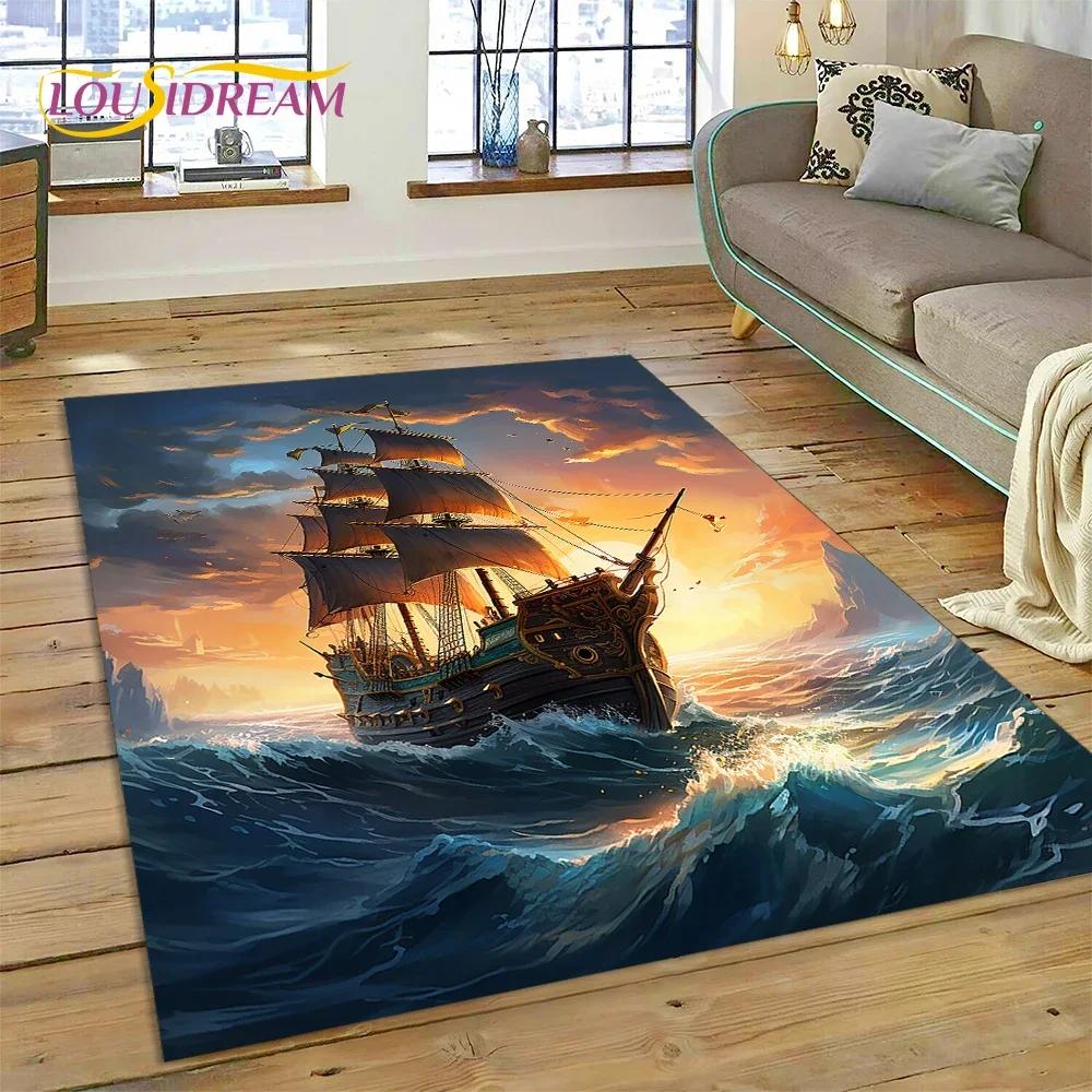Ancient Pirate Ship Boat,Barque,Sailboa Carpet Rug for Bedroom Living Room Home Sofa Decoration,Child Game Large Decor Floor Mat