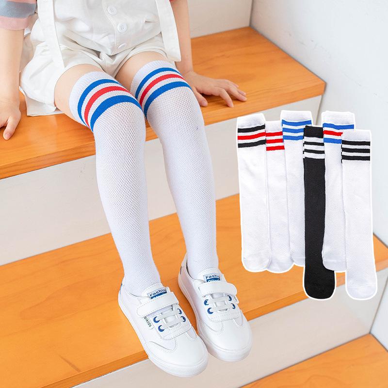 Kids' Three-Striped Mesh Mid-Calf Socks - Breathable Cotton for Spring & Summer