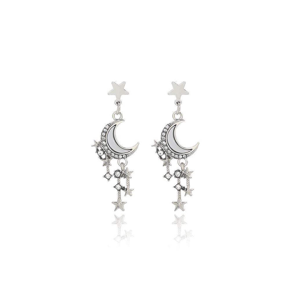 Silver Needle Korean Luxury Moon & Star Diamond Tassel Earrings