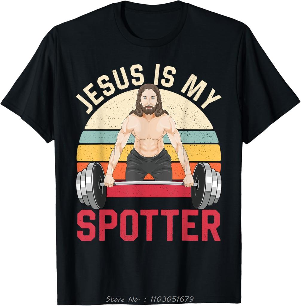 Mens Clothing Jesus Is My Spotter Oversized Tshirt Funny Christian Weightlifting Gym Fitness T Shirt Fitness Cotton Tshirt