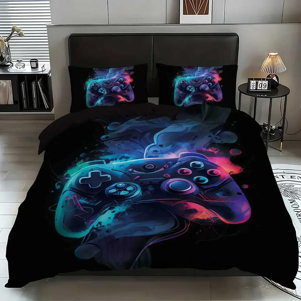 3Pcs Game Controller Pattern Bedding Set, 1 Duvet Cover And 2 Pillowcases, For Teenagers And Adult'S Bedroom, Birthday Gift
