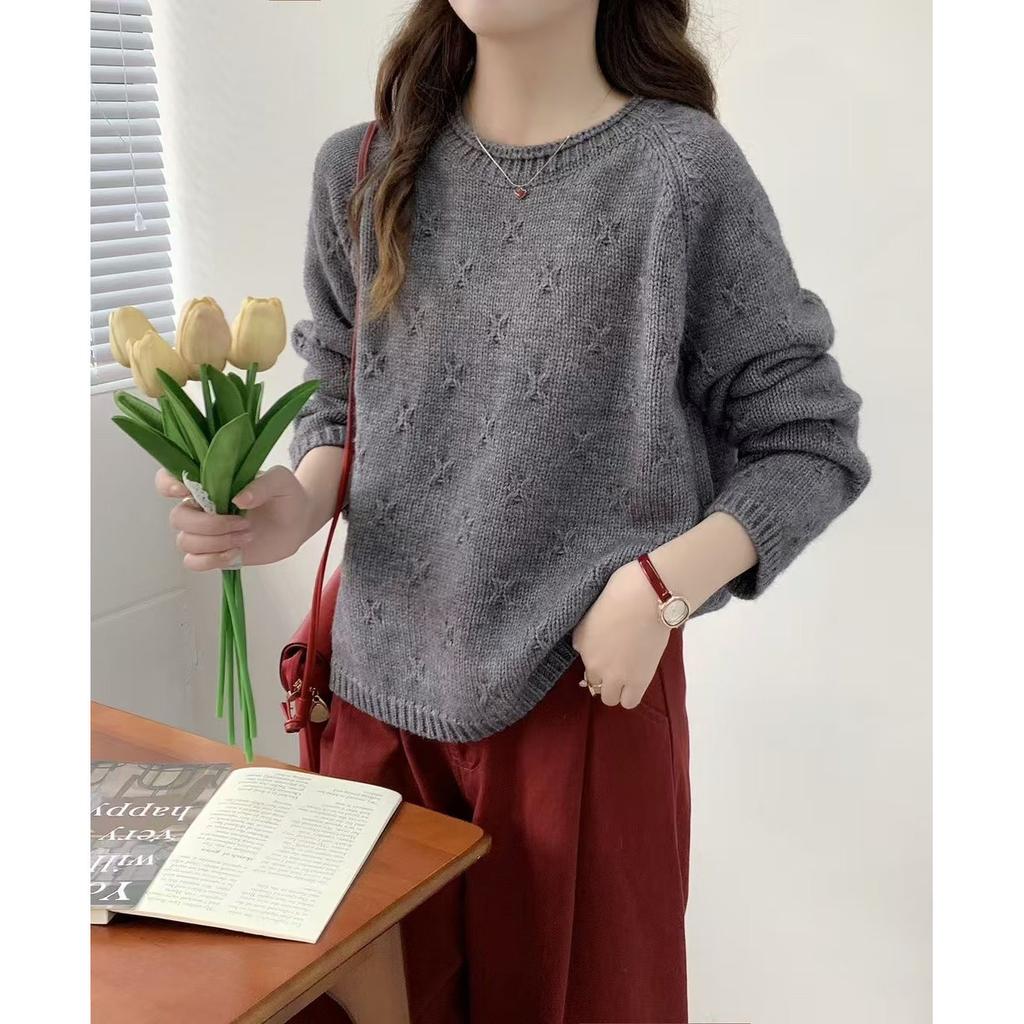 Korean high-end three-dimensional crochet crew neck pullover women's new loose and lazy style
