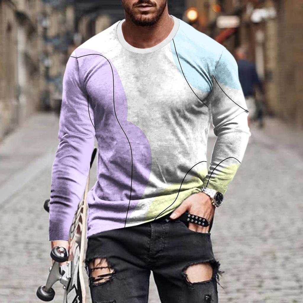 Vintage Enkel Enfärgad 3d-tryck Sommar Herr Rundhals T-shirt Ledig Långärmad Oversize Pullover Mode Herrkläder