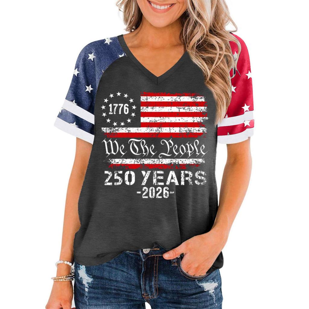 Women's Casual V Neck Short Sleeve Pullover T Shirt Independence Day Graphic Top 250 Years Commemorative Design Lightweight Comfortable Fit