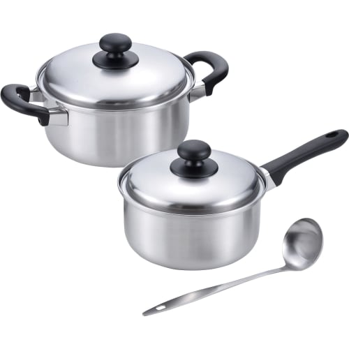 Wahei Freiz Tsubame-Sanjo EM-019 Stainless Steel Saucepan, 18cm, and 20cm, with Ladle, Induction and Gas Compatible