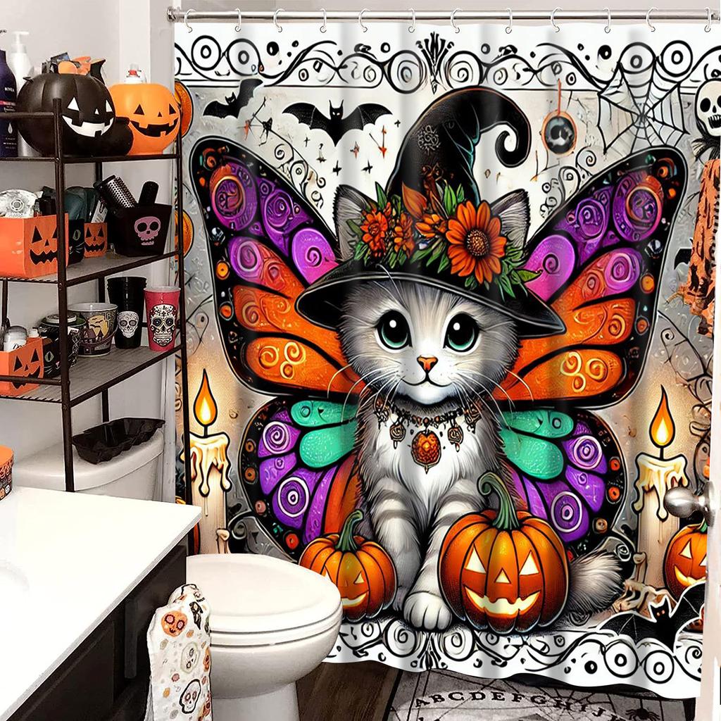 Hallowmas Bat Butterfly Spider Web Bathing Curtain Bathroom Shower Curtain Waterproof With 12 Hooks Fishes Home Deco Free Ship
