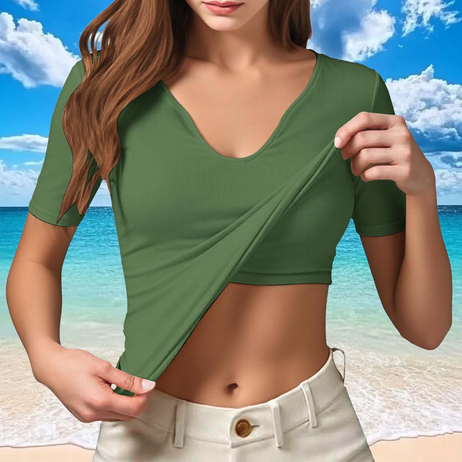 

Women s V-Neck Short-Sleeve Fitted Sports Tank Top With Built-in Pads L армия зеленый