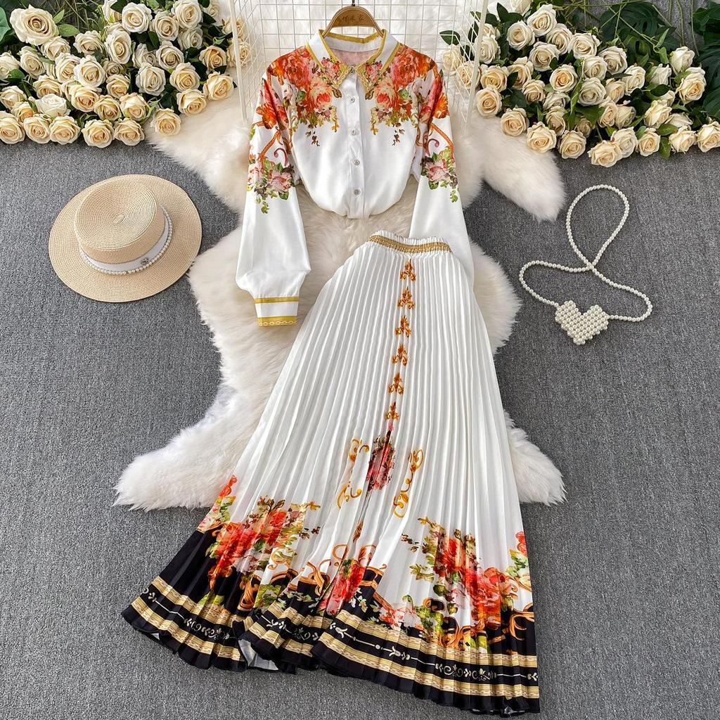 European Retro Single-Breasted Lapel Shirt & High-Waisted Pleated Skirt Set