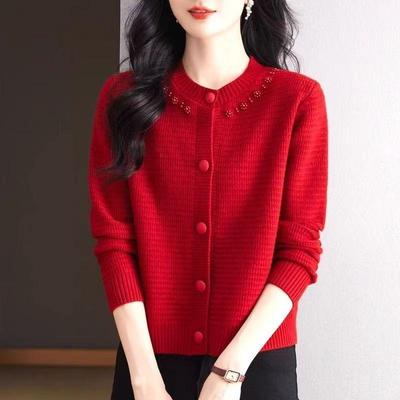 Cardigan Tricoté pour Femmes Printemps et Automne Col Rond Manteau Pull Court Chemise Tricotée Ample
