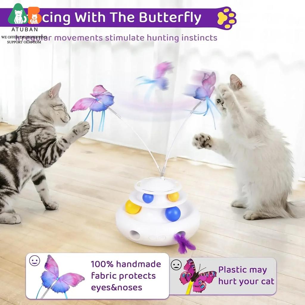 ATUBAN 3-in-1 Automatic Interactive Cat Toys Rechargeable,Fluttering Butterfly,Moving Ambush Feather,Smart Cat Toy for Indoor