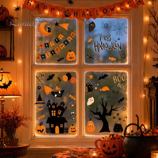 Holiday Glass Decoration Stickers 4 Sheets Halloween Electrostatic Stickers, Cartoon Pumpkins Castle Bats Window Easy Remove Clings PVC Waterproof