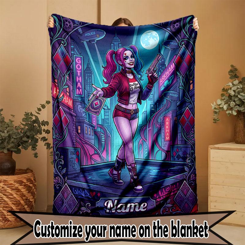 Custom Name Personalized Harley Quinn Print Blanket, Home Decor, Bedroom, Sofa, Camping, Couch, Gifts for Birthday Christmas