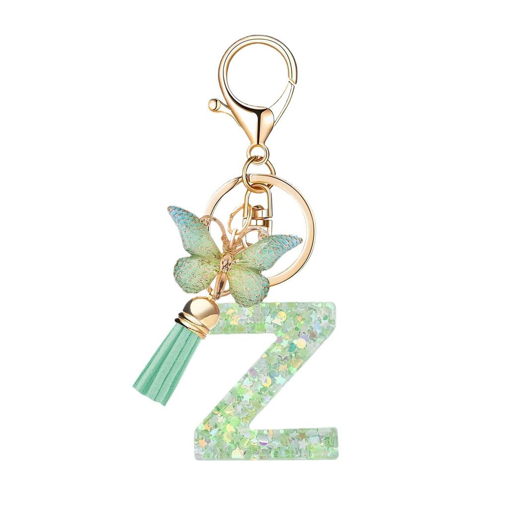 26-Letter Keychain Creative Green Butterfly Resin Epoxy Pendant Classic Retro Durable Key Ring Lovely Gift For Besties And Friends