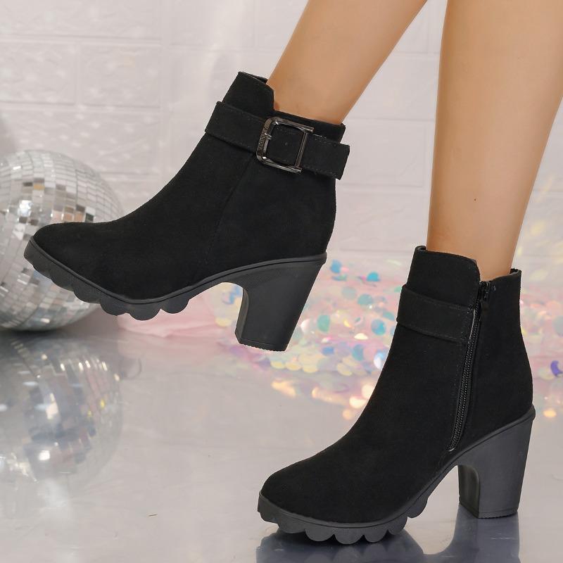 Large Size Martin Boots Women's Autumn and Winter Retro Coarse Heel Belt Buckle Fashion Boots Round Head High Heel Short Boots