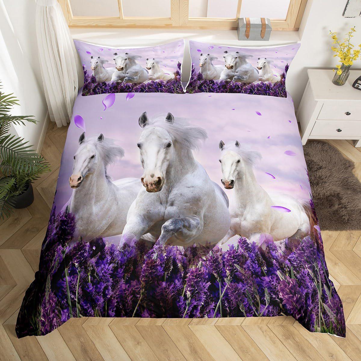 

Romantic Lavender Horse Three-Piece 3D Digital Printing Bedding Set Bed Cover US Twin 173*218