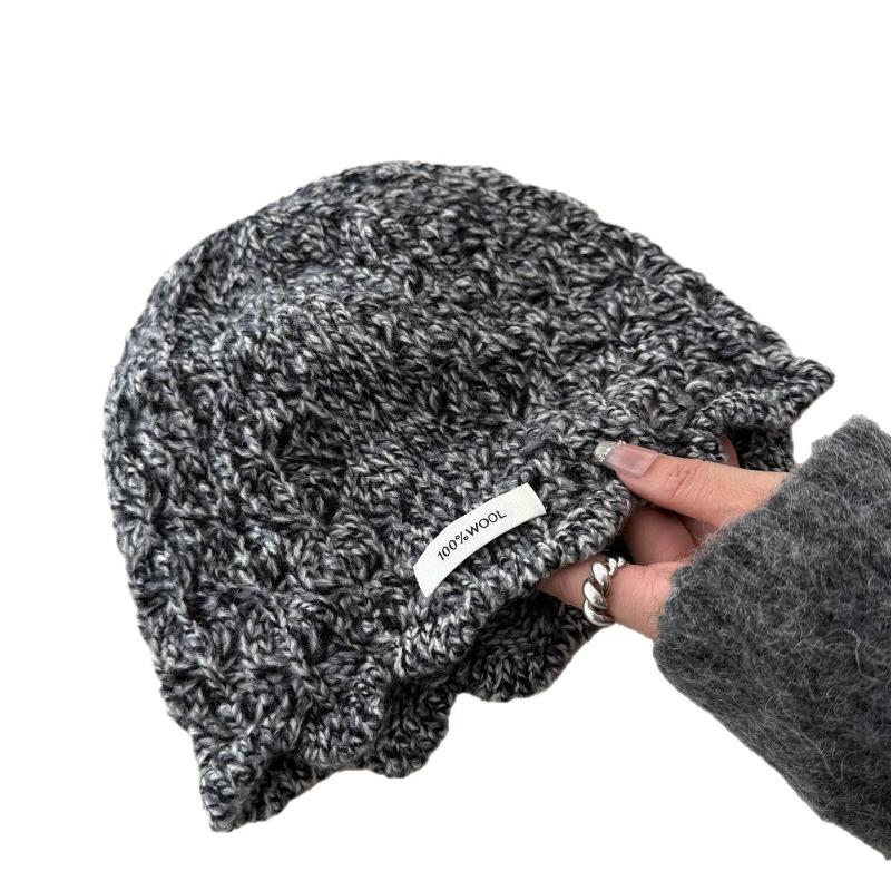 100% All-wool Crochet Knitted Hat, Women's Hollow Lace Niche Design Bag Head Wool Hat