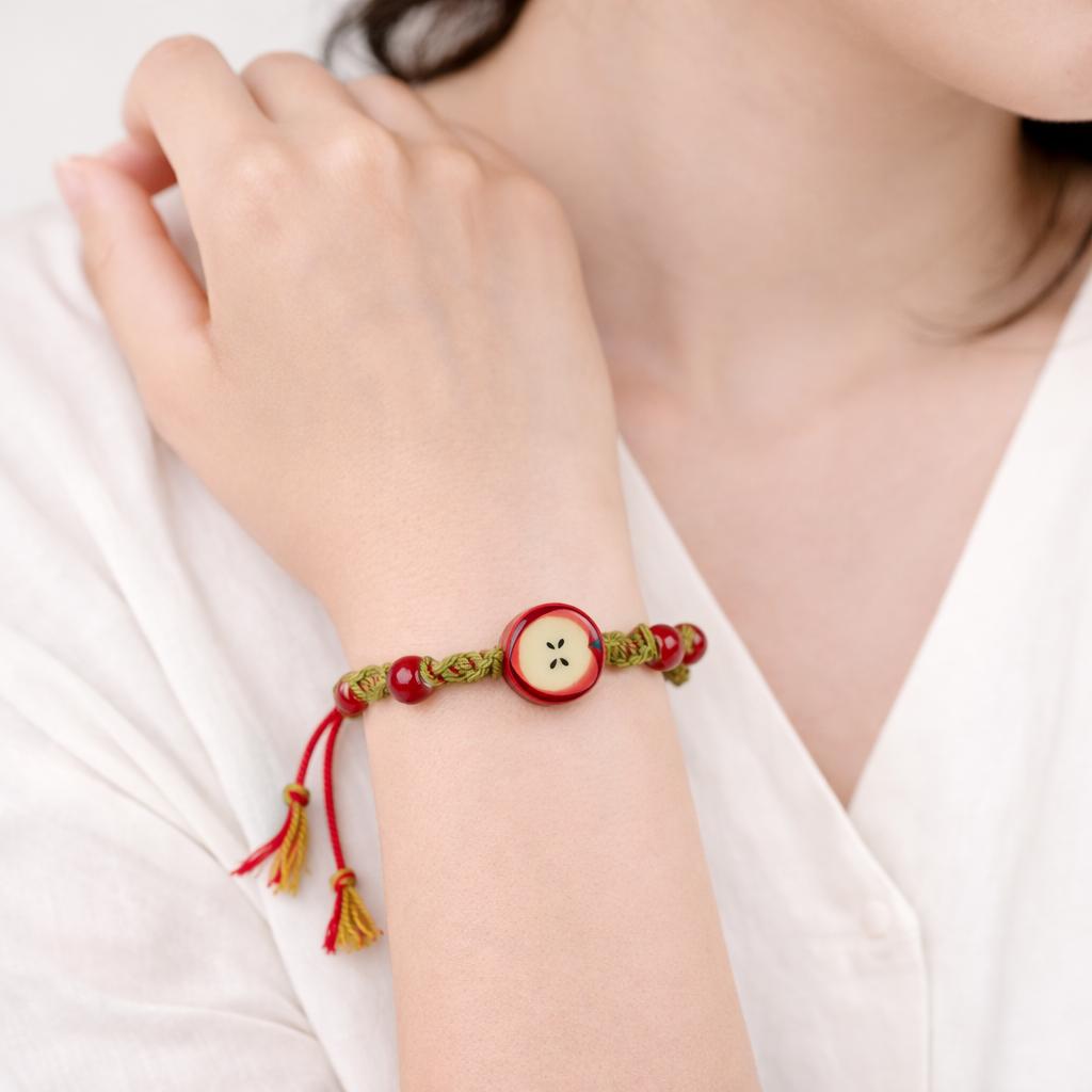 Apple Ceramic Bracelet Handmade Adjustable Cotton Rope Dainty Jewelry Fruit Style for Girls Daily Wear Gift S03-271