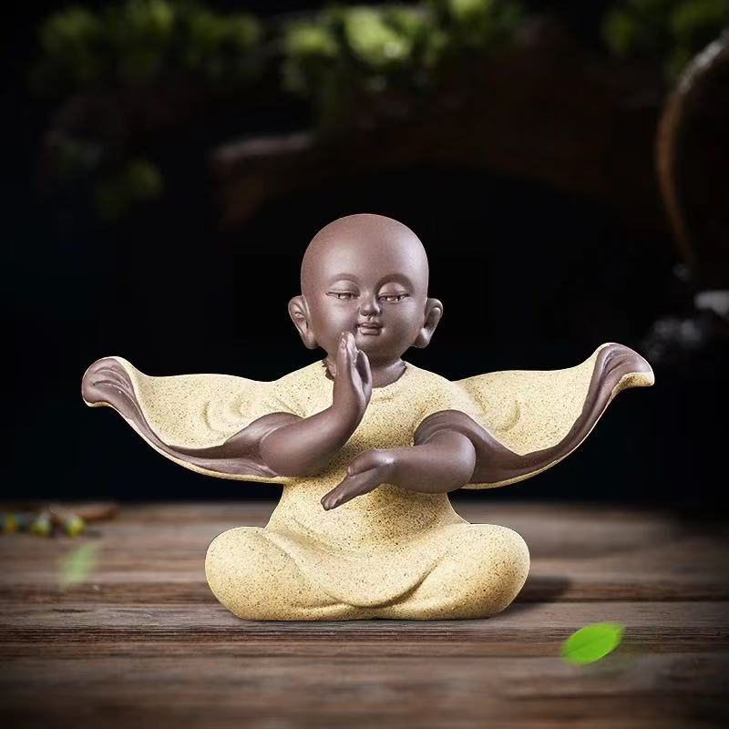 Ceramic Monk Figurine Zen Buddhist Decor Happy Buddha Meditation Monk Figurine for Yoga Room Feng Shui Laughing Buddha forOffice