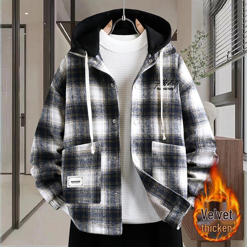 Trendy Winter Plaid Wool Coat for Boys (Ages 13-17) - Thickened, Plus Velvet
