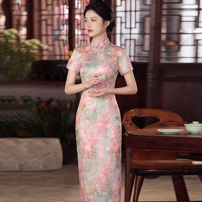 Pink Modern Chinese Style Long Cheongsam Dress Women 2026 Casual Wear With Stand Collar Design