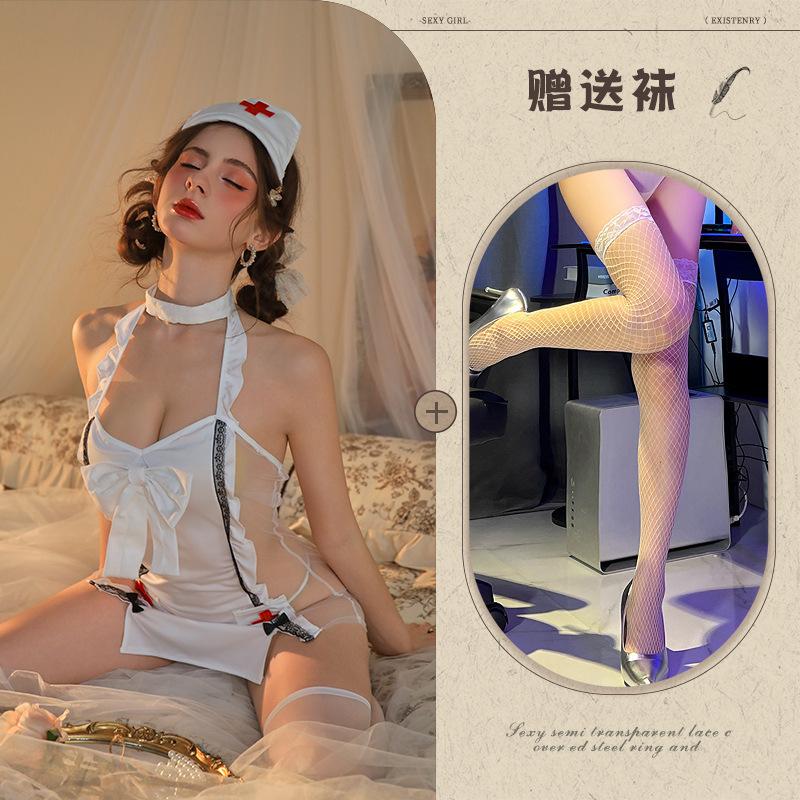 Suspender Lace Perspective Nurse Hot Sexy Bow Set