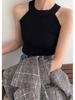 Damen Schwarzes Ärmelloses Strick Halter Tanktop für den Sommer