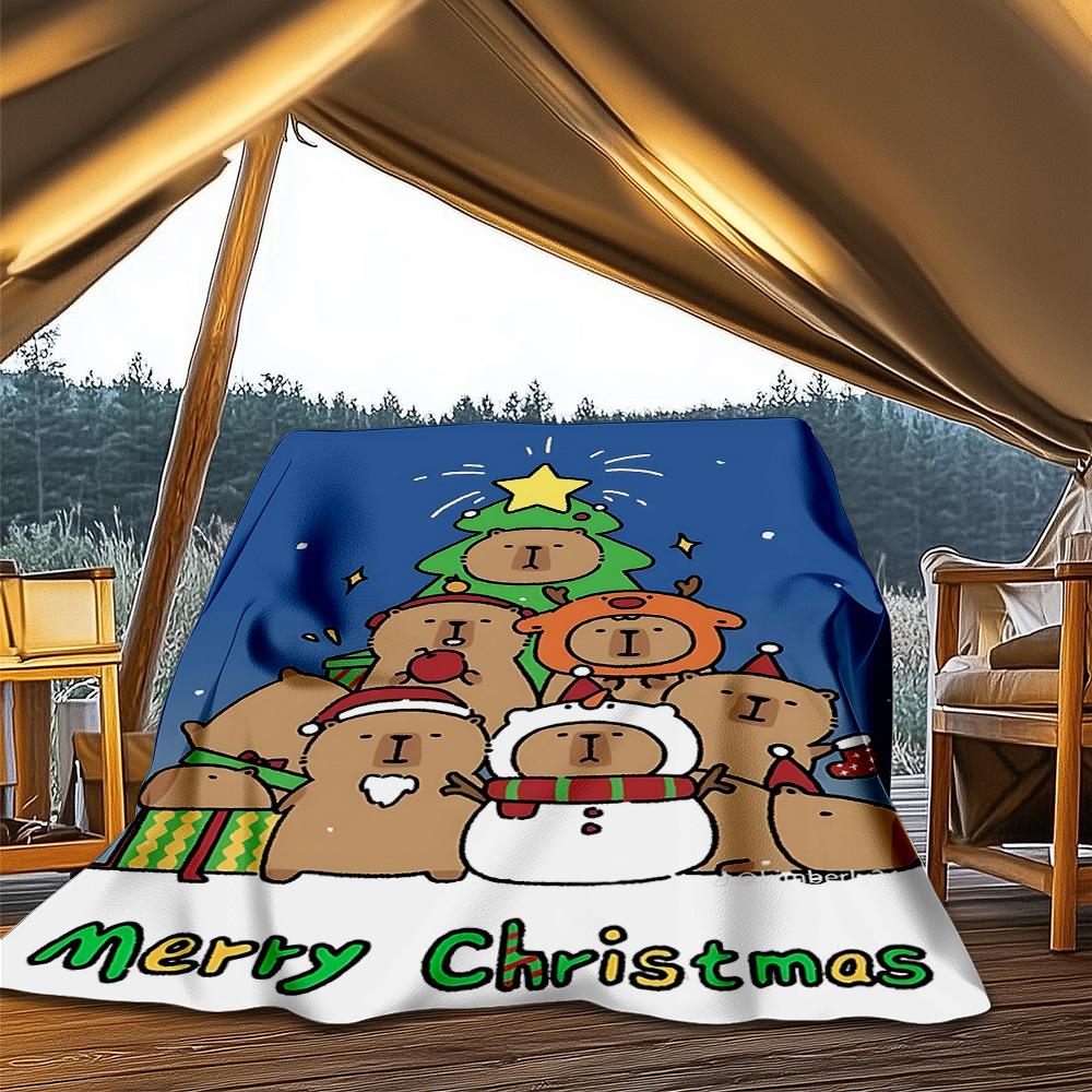 1pc Christmas Capybara Throw Blanket Polyester Fiber, Lightweight Flannel, Soft & Warm, All Season Use for Outdoor, Camping Digital Print