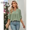 DX-Spring/Summer New Women's Fashion Solid Loose V-neck 3/4 Sleeve Top