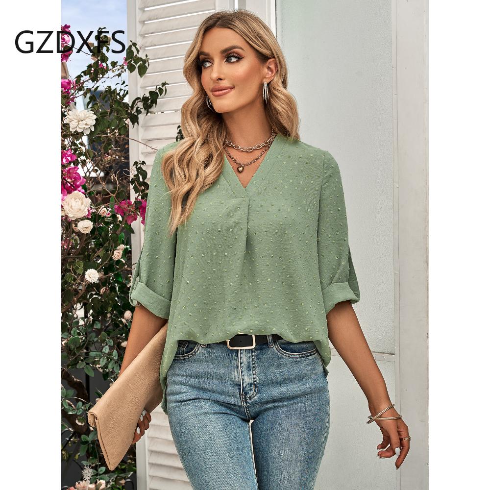 DX-Spring/Summer New Women's Fashion Solid Loose V-neck 3/4 Sleeve Top