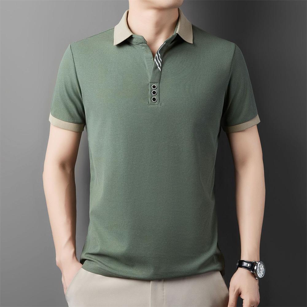 Summer Men's Polo Shirt Jacquard T-shirt Lapel Collar Color Block Casual Short Sleeve Tees Breathable Male Button Tops