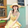 Dopamine Yellow Suspender Dress Female Sweet Small Holiday Wind Polka Dot Bud Skirt Waist Fluffy Skirt Summer