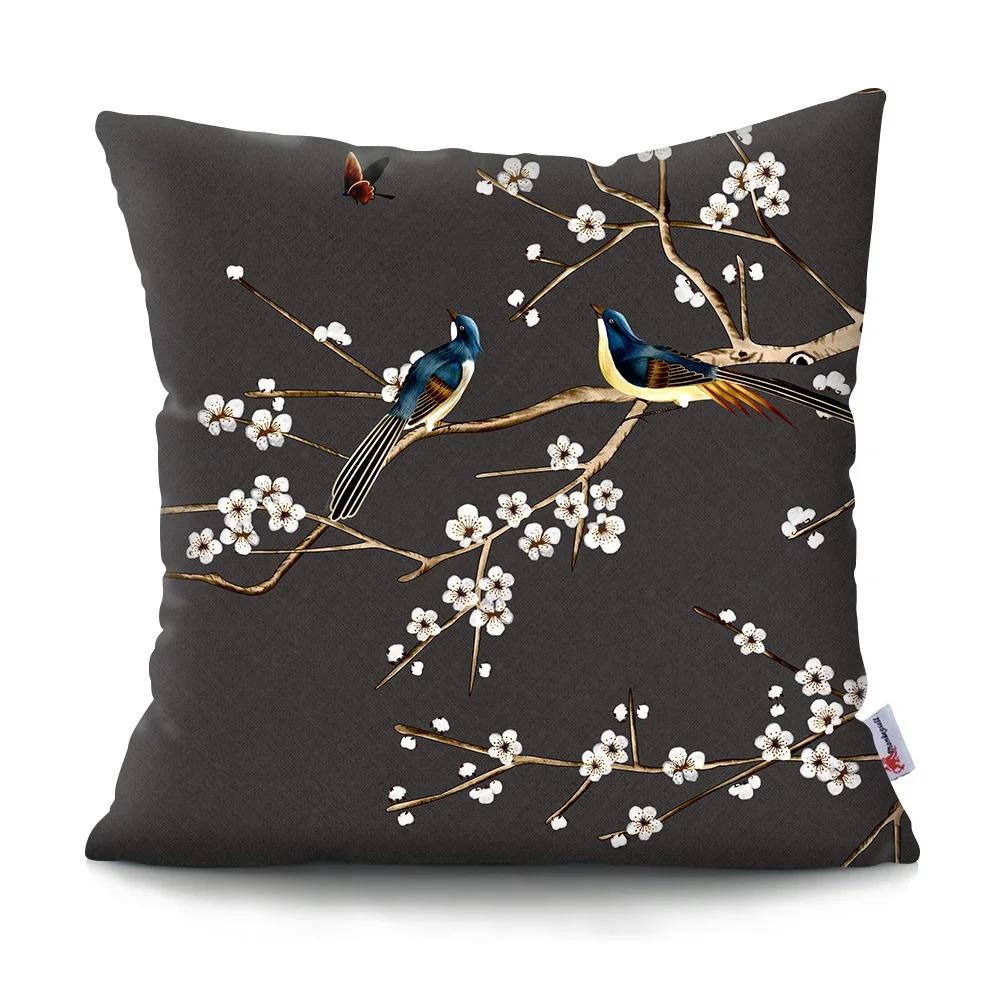 

Чехол на подушку с китайской пейзажной живописью, ретро, с принтом цветущей сливы, полиэстер, наволочка, украшение для дома 30x30cm зелёный