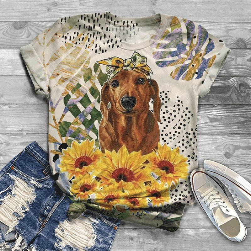 Summer New Printed Short Sleeve Top for Women, Round Neck 3D Dog Printed Women's T-shirt