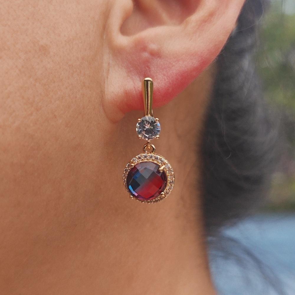 3pcs/set Luxurious  Colorful Cubic Zirconia Round Dangle Earrings Jewelry Sets for Women Wedding Daily Accessories with Stainless Steel Necklace