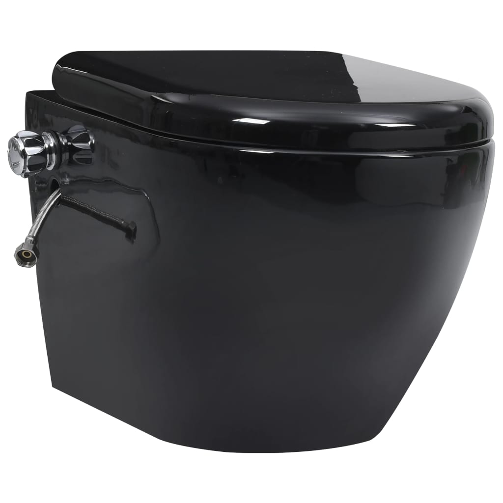 Wall Mounted Toilet without Rim Flush and with Bidet Function Ceramic Black