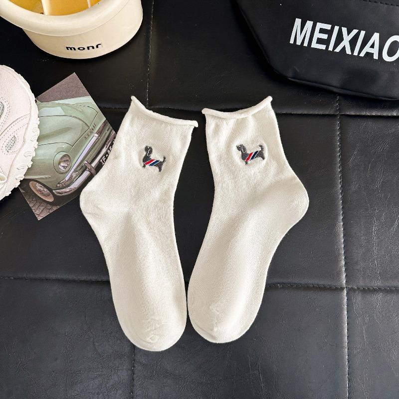 Spring and Summer White Socks with Cartoonish Cute Sausage Dog Embroidery, Rolled Cuffs Mid-calf Socks, Boneless Pile Socks, Postpartum Care Socks