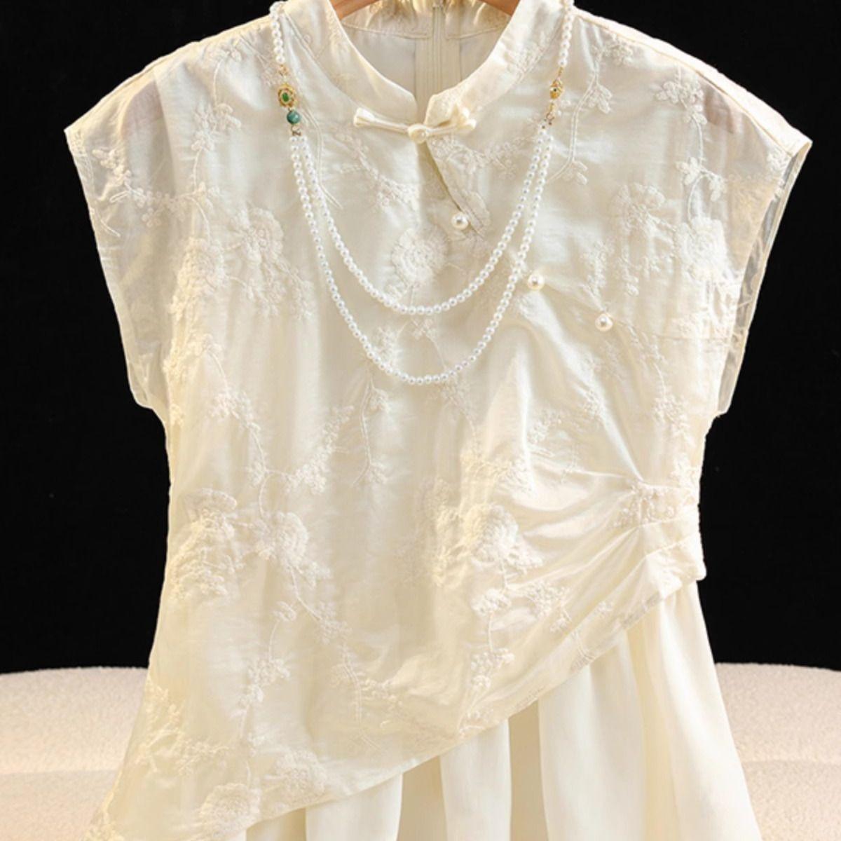 

Летний улучшенный принт роскошный ретро дисковая пряжка воротник-стойка топ без рукавов женский M (under 50kg recommended)