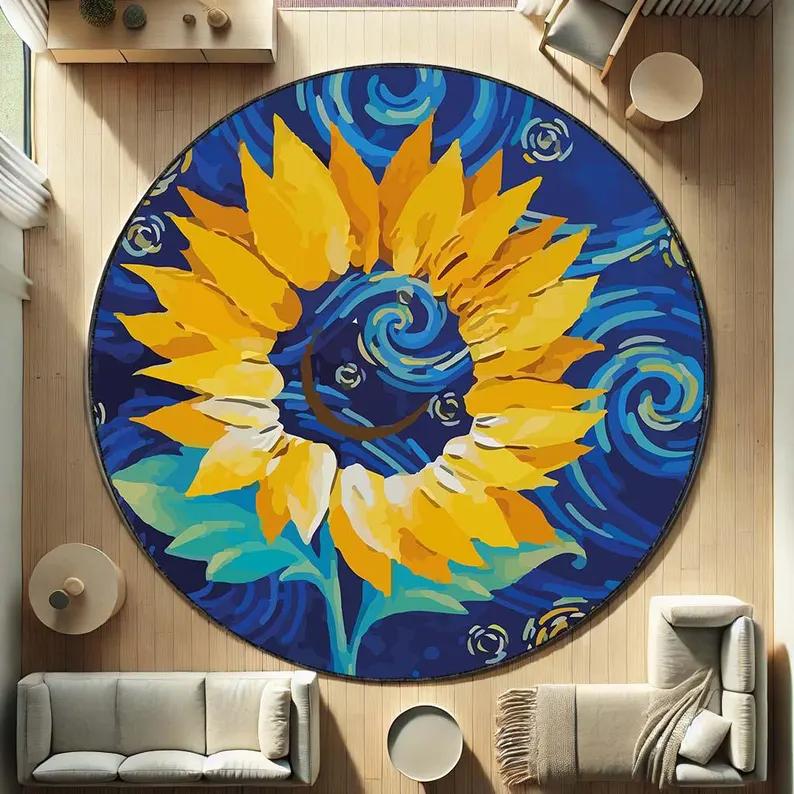 Sunflower Round Carpet Colorful Sunrise Floral Rug Boho Home Decor Water-absorbing Anti Slip Floormat for Living Room Decor