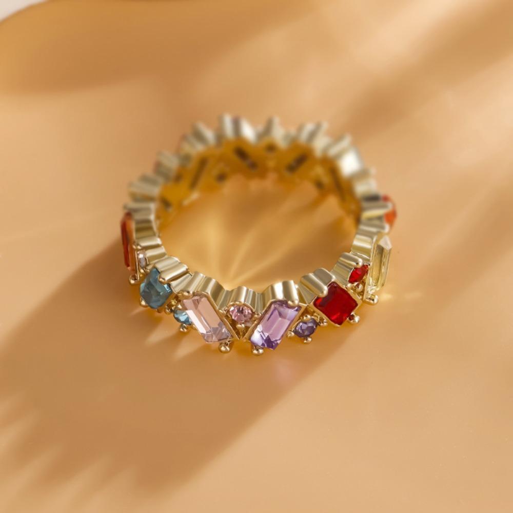 Charm Fashion Colorful Rainbow Crystal Geometric Mixed Shape Gemstone Eternity Rings for Women Party Daily Wear Jewelry Gifts