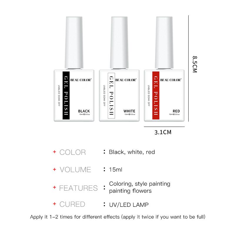 BEAU COLOR 1pcs Black White Red Solid Pure Color Nail Gel Polish for Nail Art Salon Painting Design and Home Manicure DIY