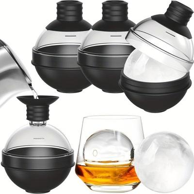 Juego de 4 moldes para bolas de hielo de silicona y policarbonato, moldes grandes esféricos para hielo con tapa de embudo 2 en 1, adecuados para whisky, cócteles y bebidas