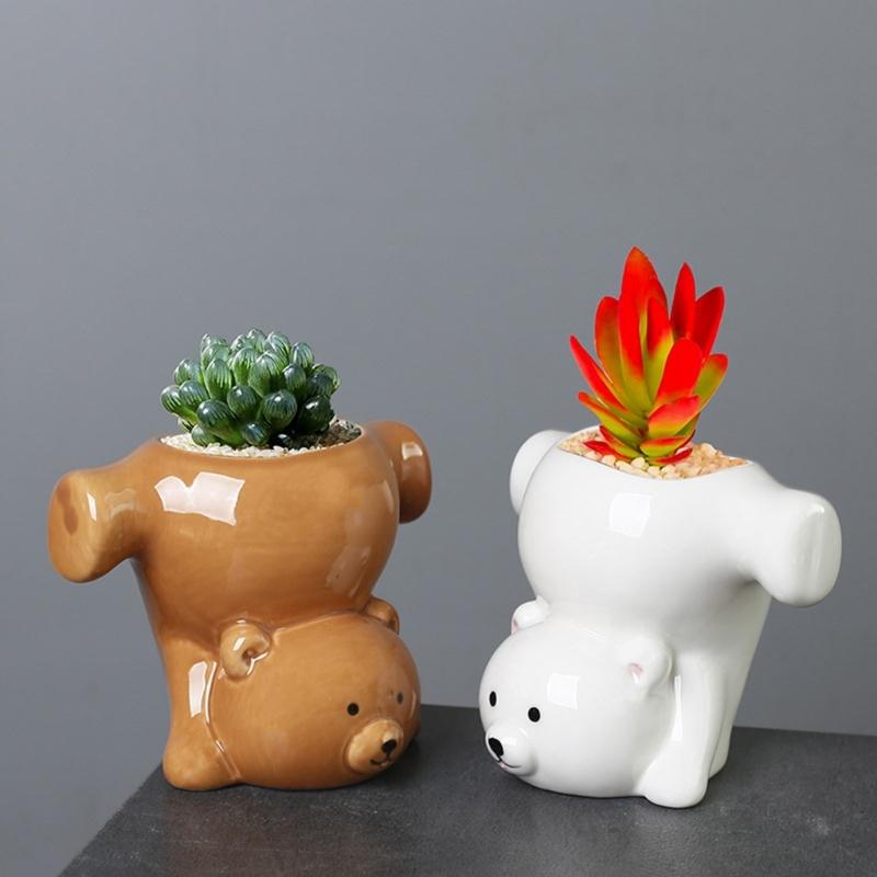 Funny Inverted Bear Pattern Flower Pot Premium Ceramic Materials Multipurpose Plant Container Gardening Decoration