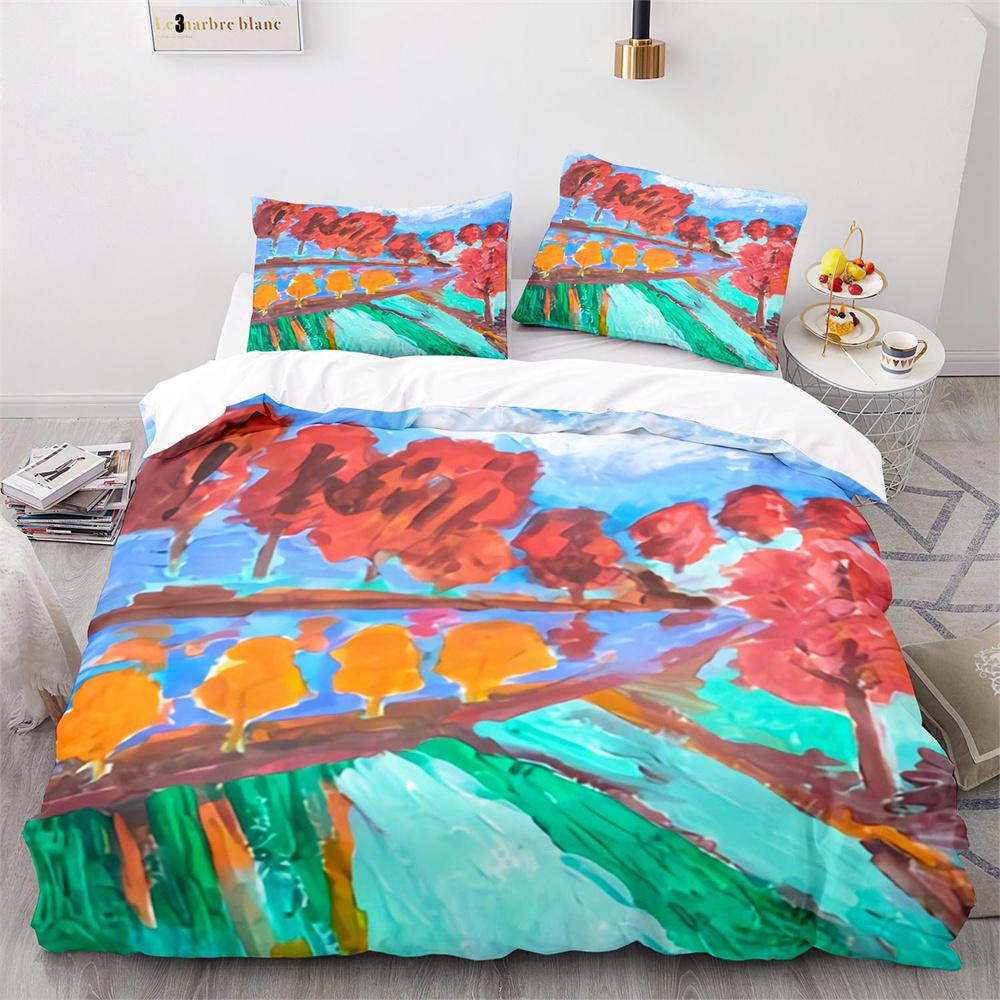 Oil Painting Duvet Cover Set Pink Cherry Blossoms Tree Flowers Polyester Comforter Cover King Queen Full Size for Girls Boys Kid