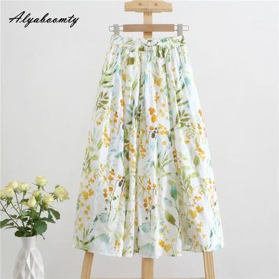 Koreanischen Stil Frühling Sommer Frauen Frische Rock Elastische Taille Floral Baumwolle Leinen Elegante Damen Röcke Frauen