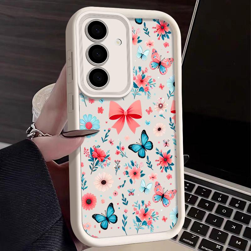 Butterfly Floral Pattern Anti-Fall Case For Samsung S25 Ultra S24 FE S23 S22 A56 A36 A26 A16 A15 A35 Matte Shockproof TPU Soft Phone Cover